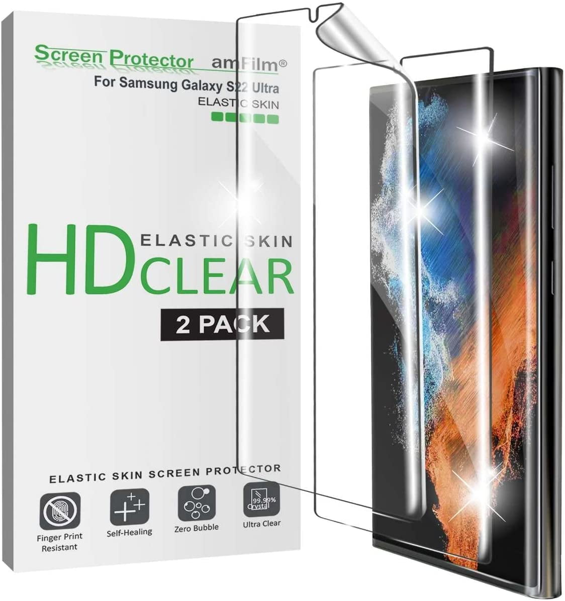 (2 Pack) amFilm Samsung Galaxy S22 Ultra 5G Elastic Skin Screen Protector