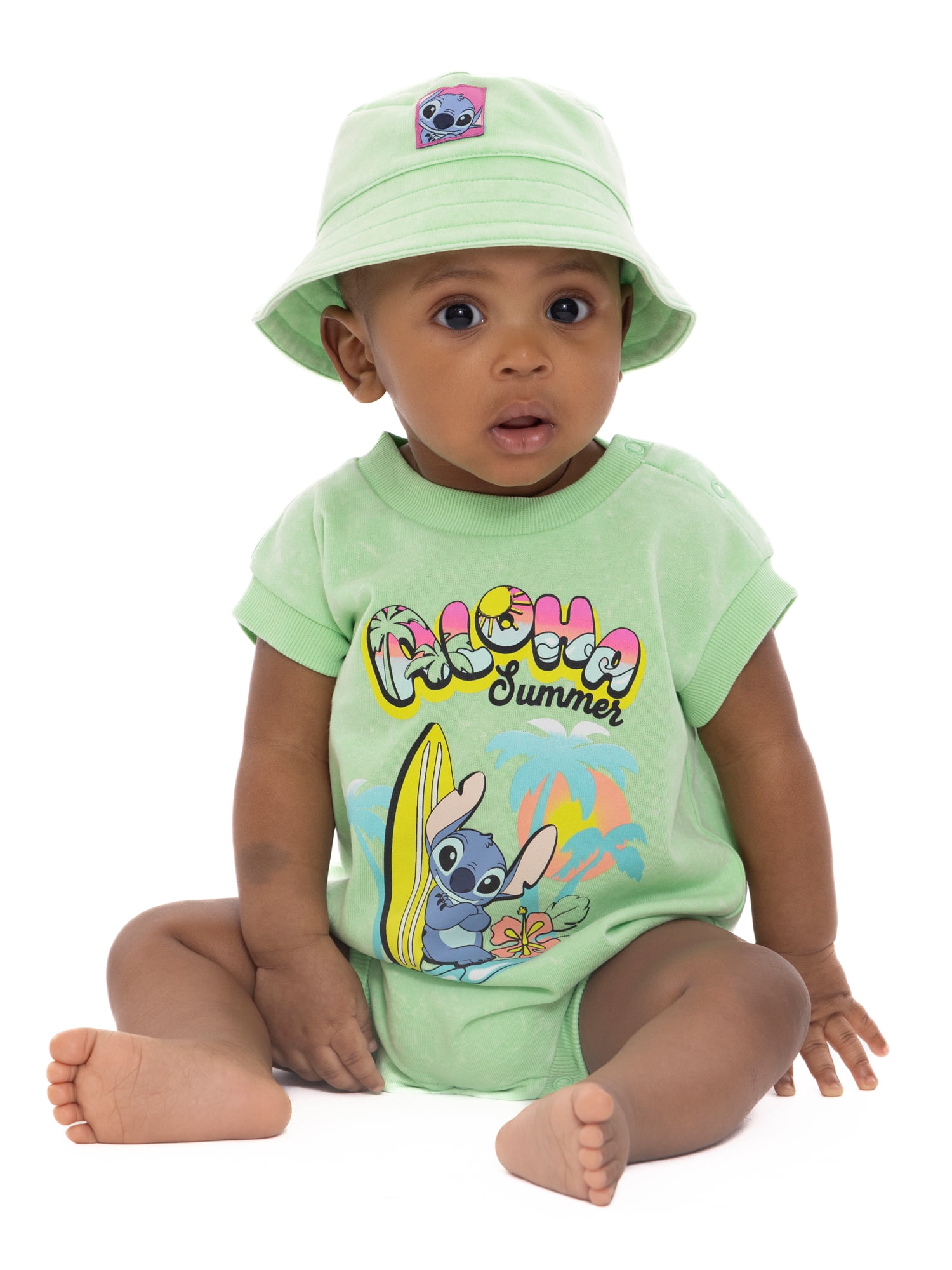 Disney Lilo & Stitch Baby Girls Sleeveless Graphic Romper with Matching Bucket Hat, 2-Piece Set, Sizes 0-3 Months- 24 Months