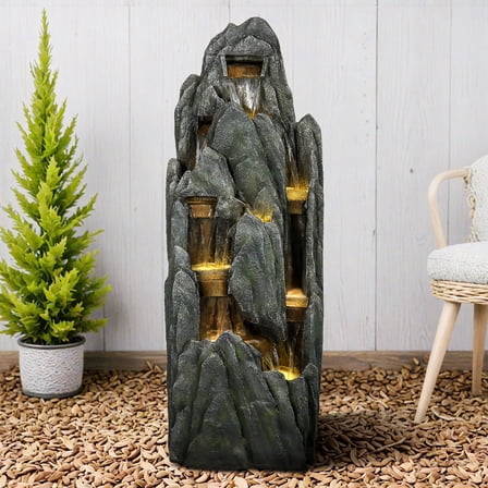 51" H Outdoor Water Fountain  6-Tier Cascading Rockery Natural Waterfall Fountain with LED Lights for Garden, Patio, Porch Decor