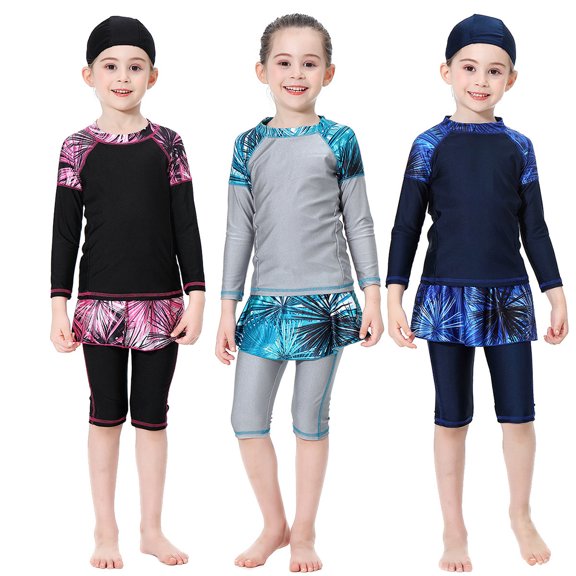 KYAIGUO 2-14T Girls Long Sleeve Rash Guard Swimsuits with Hat Three-Piece UPF50 Sun Protection Bathing Suits Quick Dry Beach Swimwear for Kids Toddler Baby