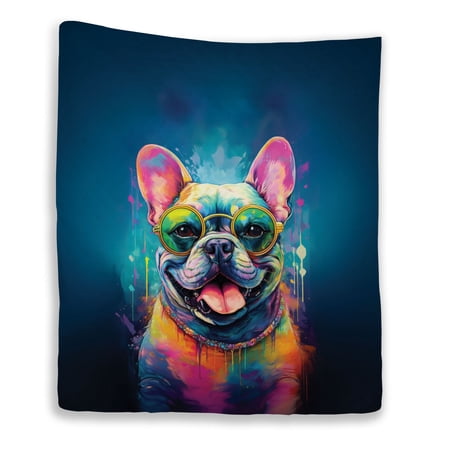 Hippie French Bulldog Portrait oil painting Watercolor Tie-dye Vintage Quilt Blanket Dog Lover Gifts Cozy Comforter Throw Blanket - 00015