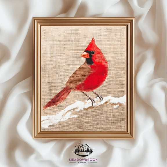 Red Cardinal On Burlap Background - Winter Bird Wall Art, Rustic Farmhouse Wildlife Decor, Neutral Nature-Inspired Artwork 984 UNFRAMED Poster, Wall Art for Decor, Present, 8x12