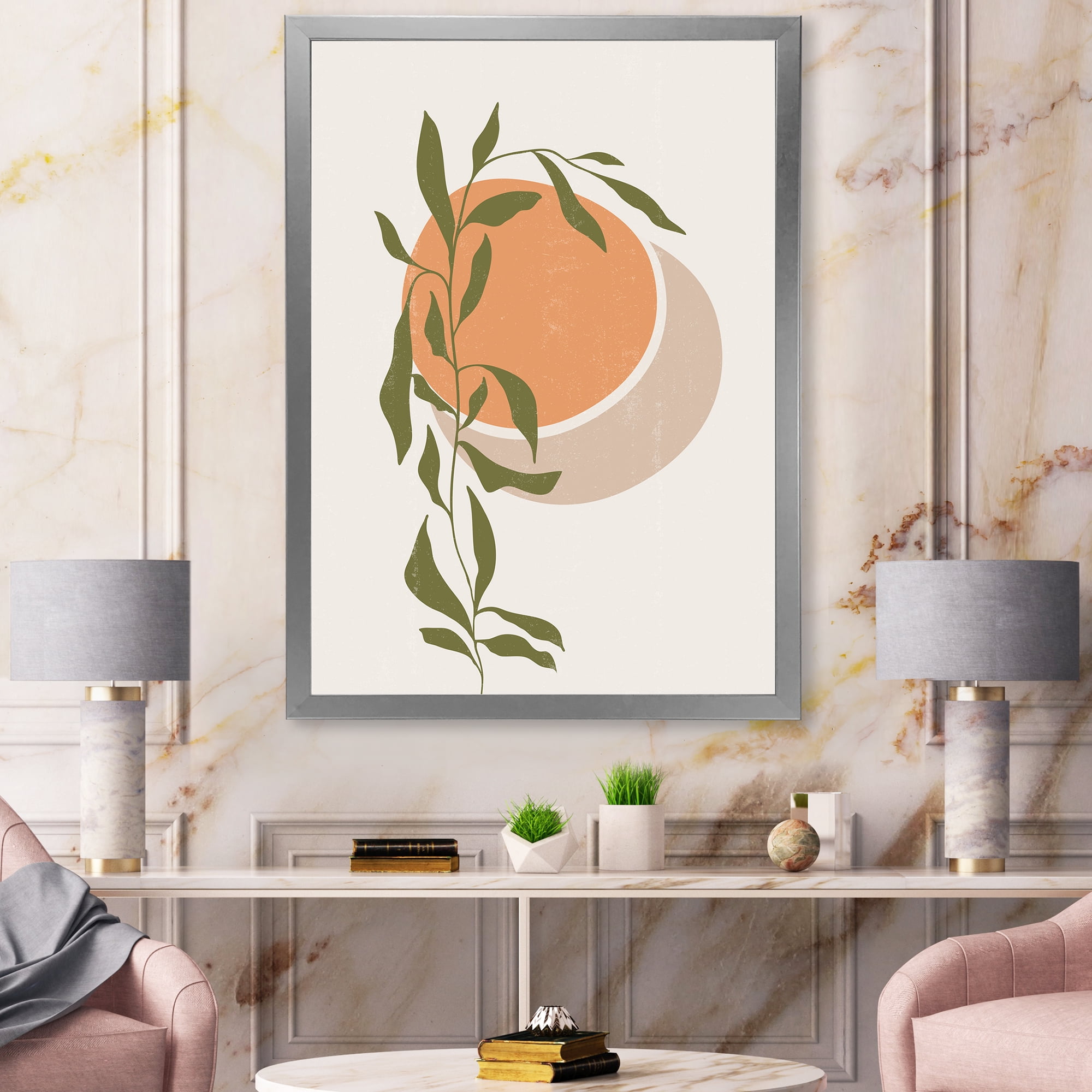 Designart 'Abstract Orange Moon and Sun With Tropical Leaf' Modern Framed Art Print