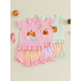 thumbnail image 3 of RUINIXCW Toddler Baby Girl Halloween Outfit Little Baby Girls Summer Fall Clothes Ghost Pumpkin Embroidered Flying Sleeve Ruffled Hem Shirt Tops and Plaid Shorts 2 Piece Set, 3 of 9
