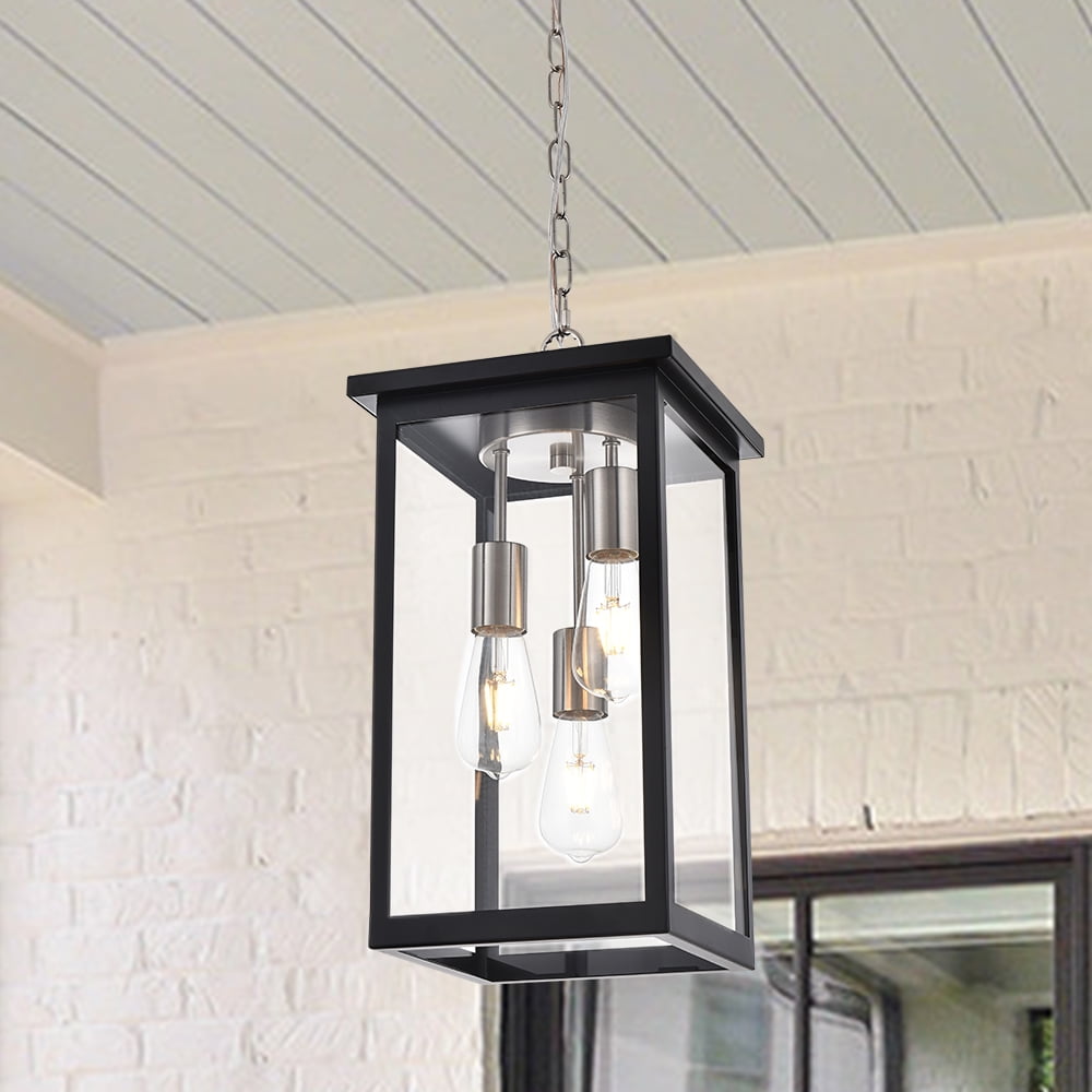 Melucee Outdoor Pendant Light Fixtures, 3-Lights Exterior Hanging Lantern, Black Brushed Large Outdoor Hanging Porch Light with Clear Glass Shade