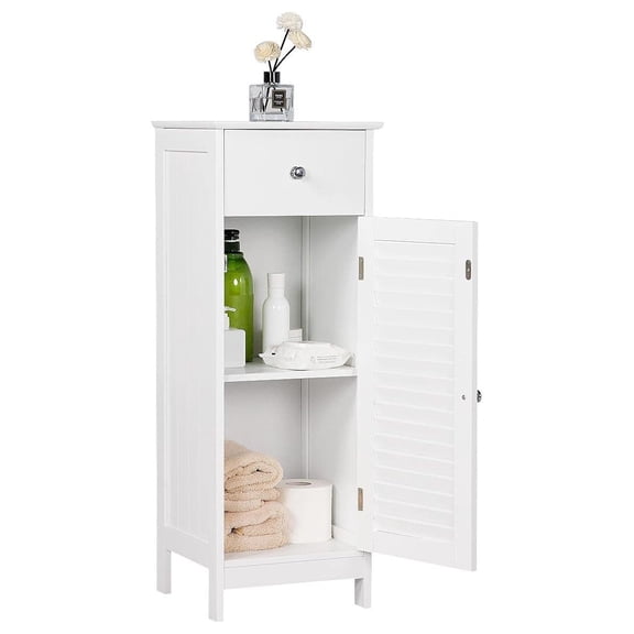 Bathroom Floor Storage Cabinet, Freestanding Side Table Storage Organizer Unit with Drawer and Single Shutter Door, D11.8xW12.6xH34.3 Inches