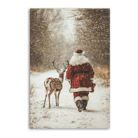Vintage Christmas Santa Deer Snowy Forest Poster Cool Artworks Painting Wall Art Canvas Prints Hanging Picture Home Decor Posters Gift 16x24inch(40x60cm)