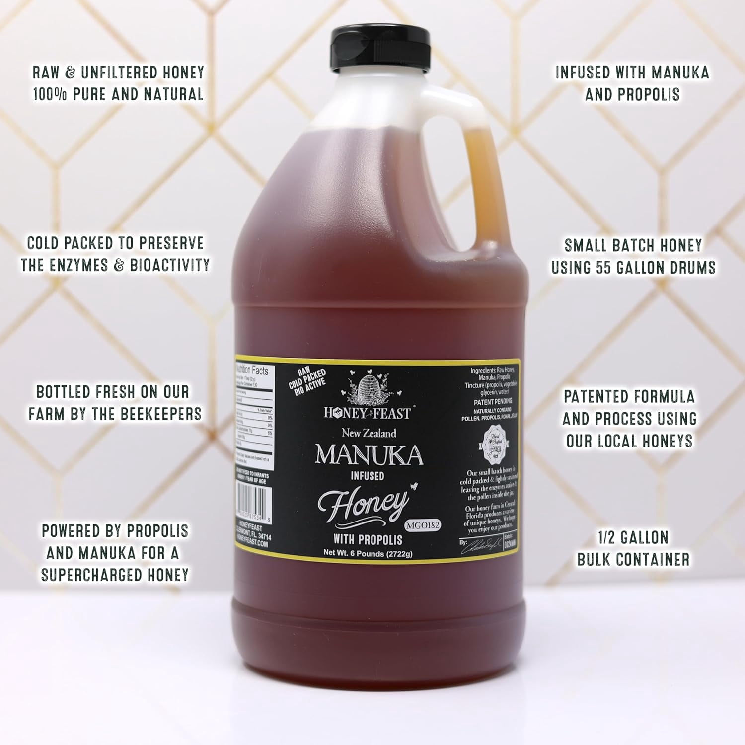 HONEY FEAST 6 Pounds Propolis Infused Raw Manuka Honey | New Zealand Manuka Blend with Propolis | MGO182 | Patent Pending Formula