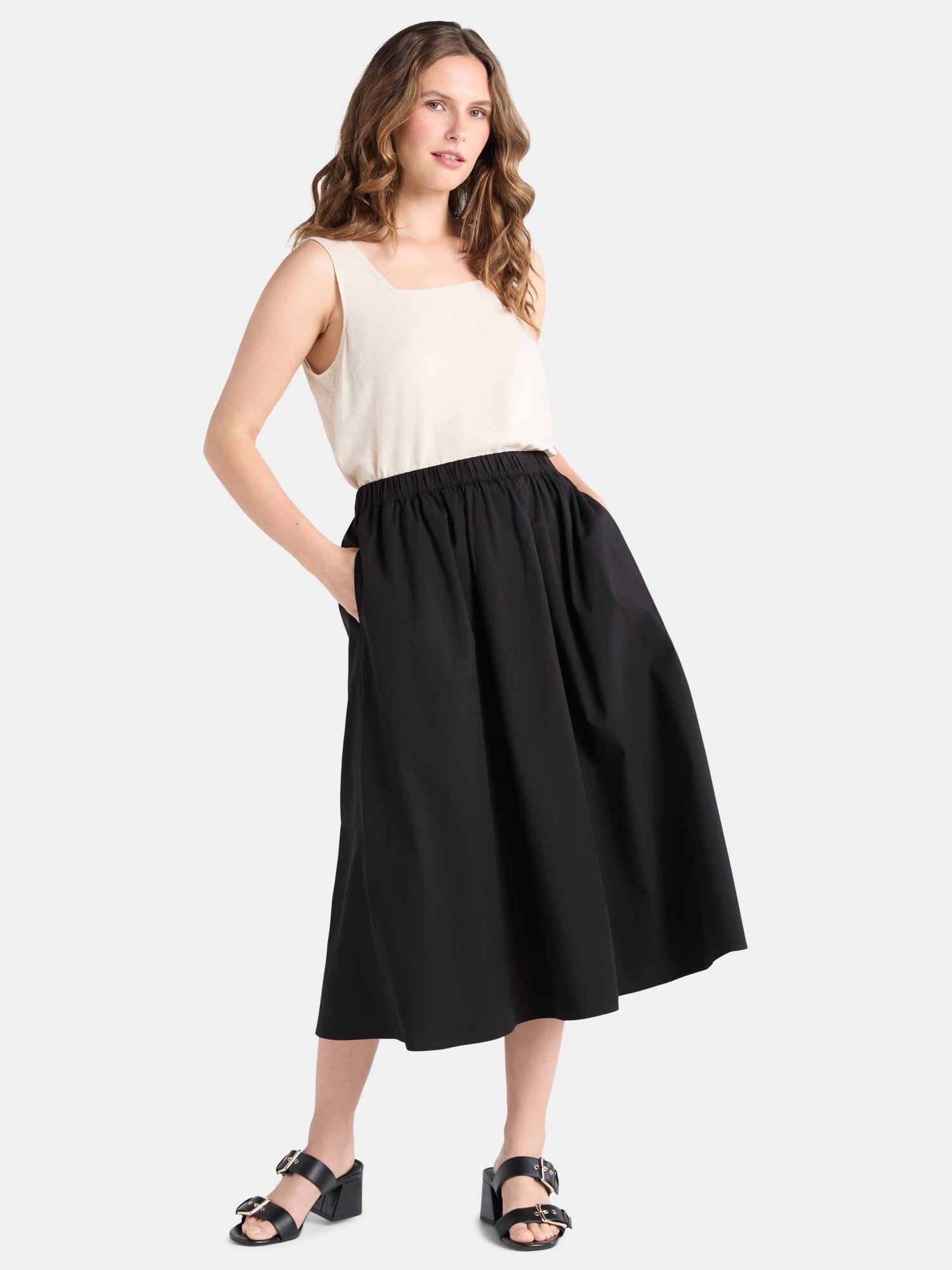 Time and Tru's Women's Pull On Midi Skirt with Pockets, XS-XXXL