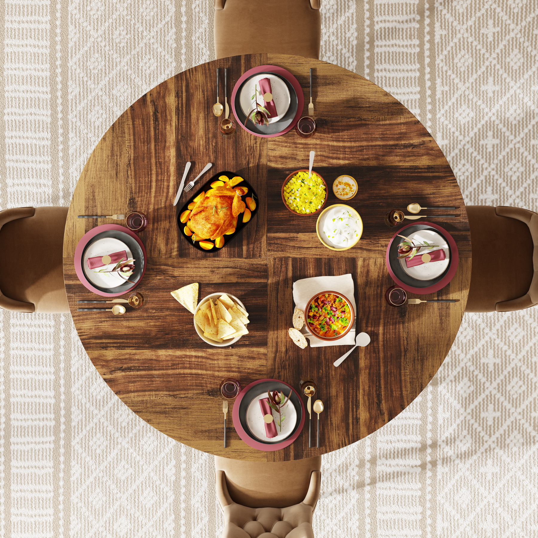 Fnova 47.24" Farmhouse Round Dining Table for 4 People, Modern Wood Tabletop Coffee Table with Metal Frame for Kitchenfor Dining Room, Brown