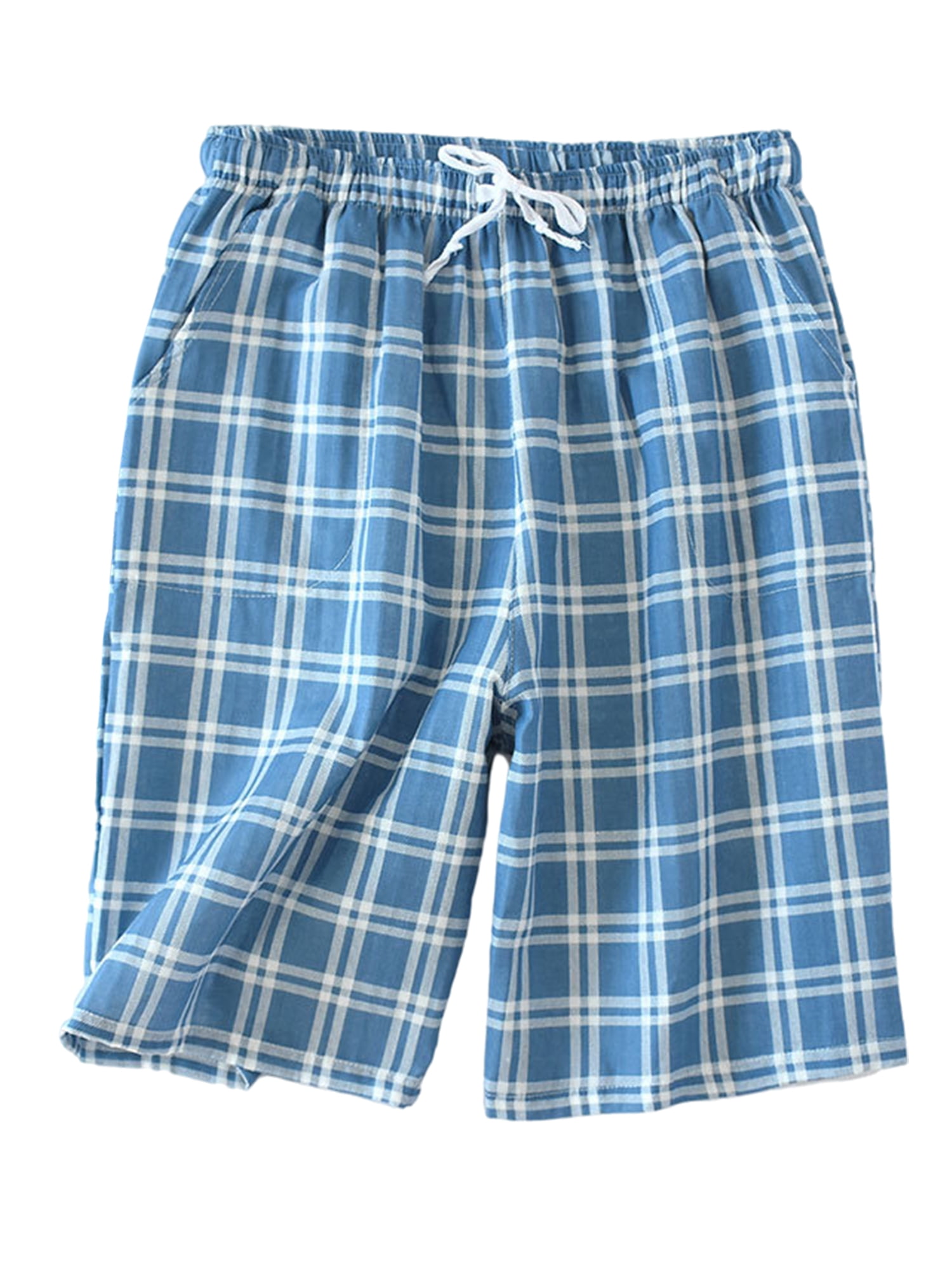 Plaid Check Soft Lightweight 100% Cotton Bottoms Shorts Elastic Waistband Pants with Pocket 