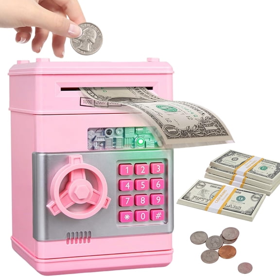 Rirool Electronic Piggy Bank for Kids, ATM Money Safe with Password Protection & Automatic Cash Roll, Savings Bank Toy for Boys & Girls Ages 5-12, Pink