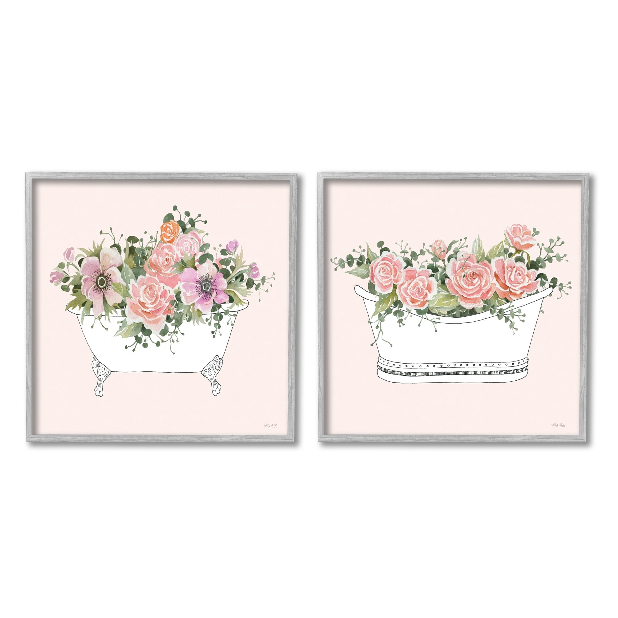 Stupell Industries Pink Floral Rose Blooms Bathtub Bathroom Botanicals Graphic Art Gray Framed Art Print Wall Art, Set of 2, Design by Cindy Jacobs