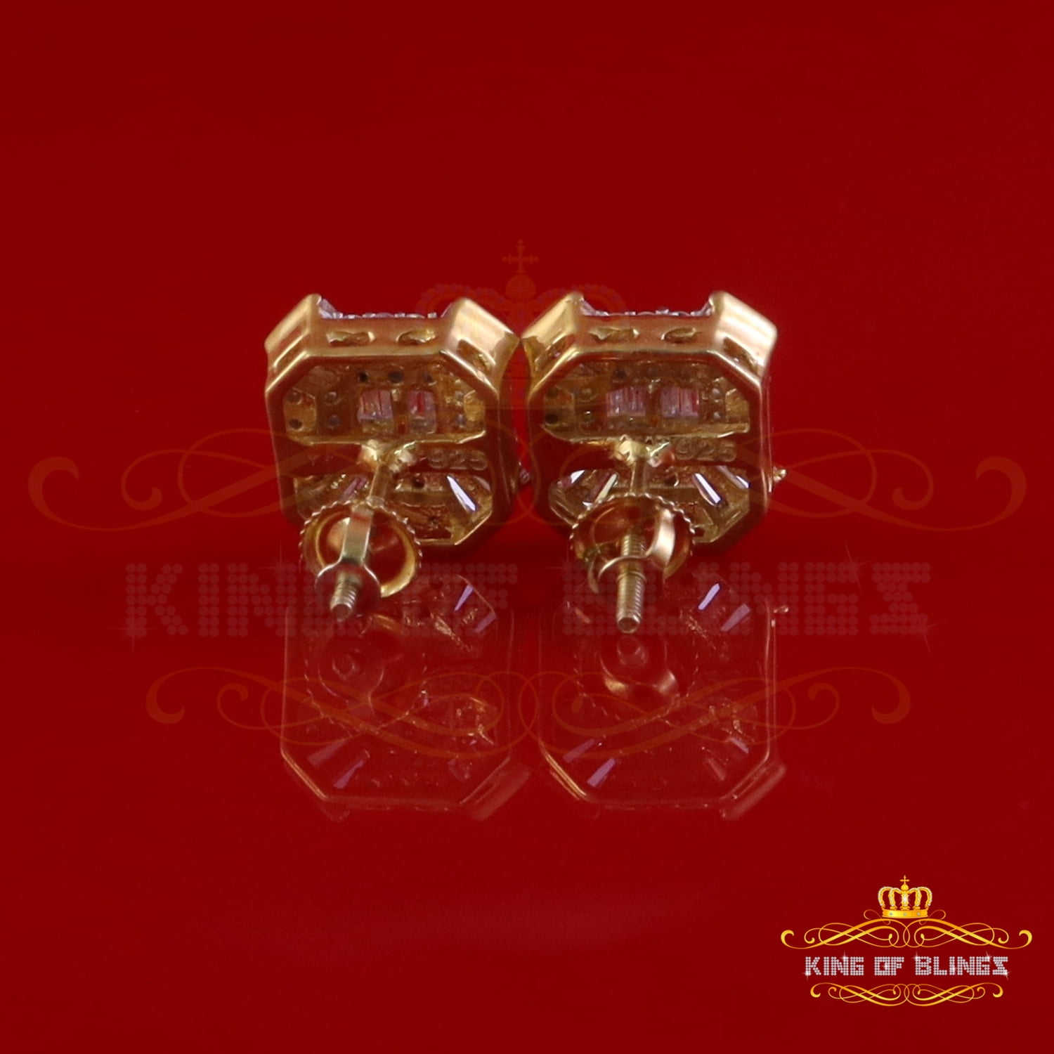 King of Bling's 925 Yellow Silver 1.25ct VVS 'D' Moissanite Rectangle Stud Earring Men's/Womens