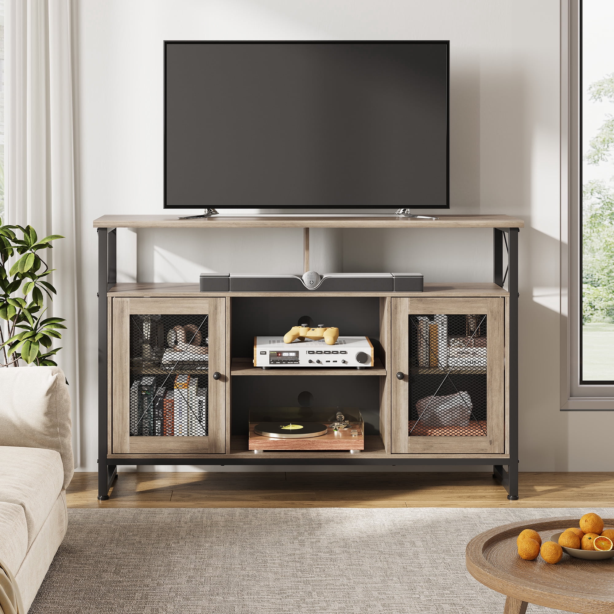 GALAXHERO Tall TV Stand for TVs up to 55", Farmhouse Industrial Entertainment Center with Storage, Media Console for Living Room Bedroom Greige