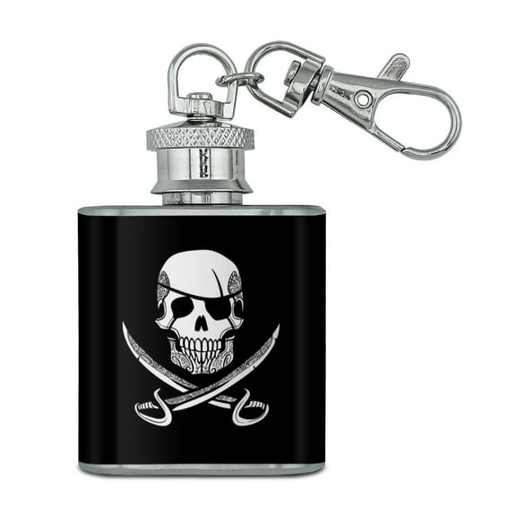 Pirate Skull Crossed Swords Tattoo Design Stainless Steel 1oz Mini Flask Key Chain