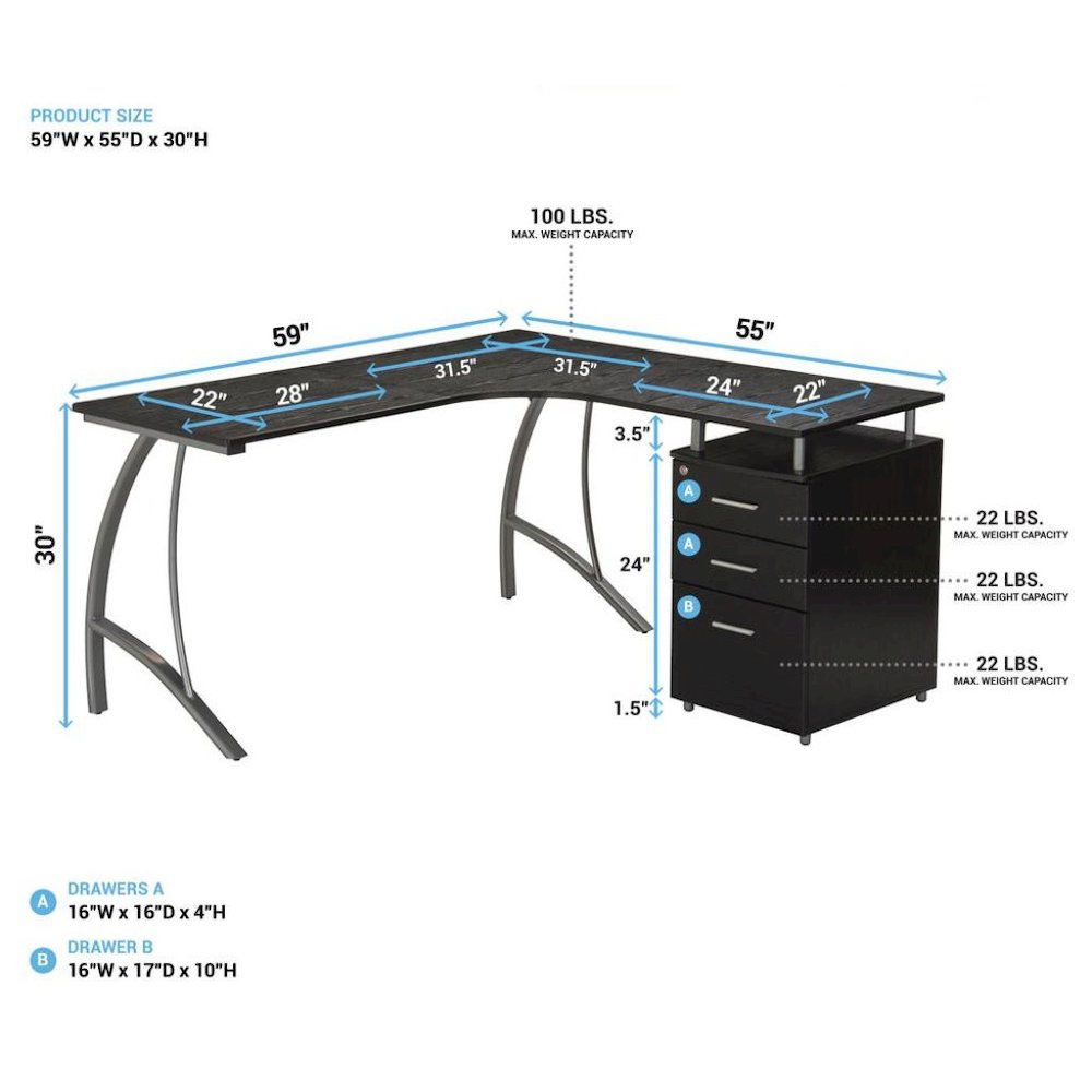 FurniFact Brown L Shaped Desk With 3 Drawers, Steel Frame Corner Computer Desk