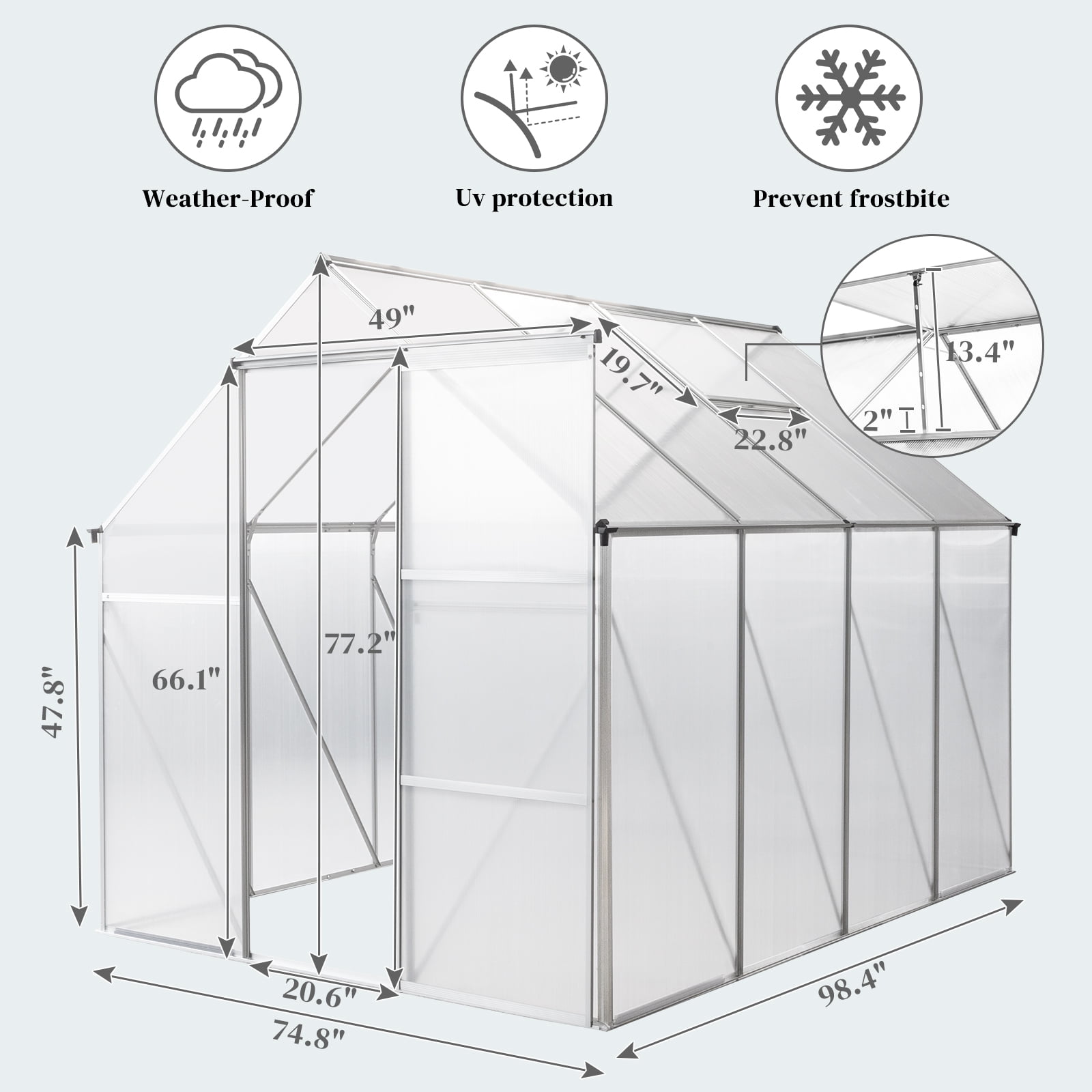 UBesGoo Greenhouse 6x8ft Hybrid Polycarbonate for Garden Silver