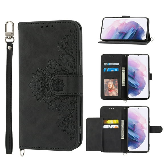 Dteck Flower Pattern Case For Samsung Galaxy S22 Plus,Magnetic Leather Card Slots Pocket Case Shockproof Rubber Kickstand Cover with Detachable Crossbody and Wrist Straps,Black