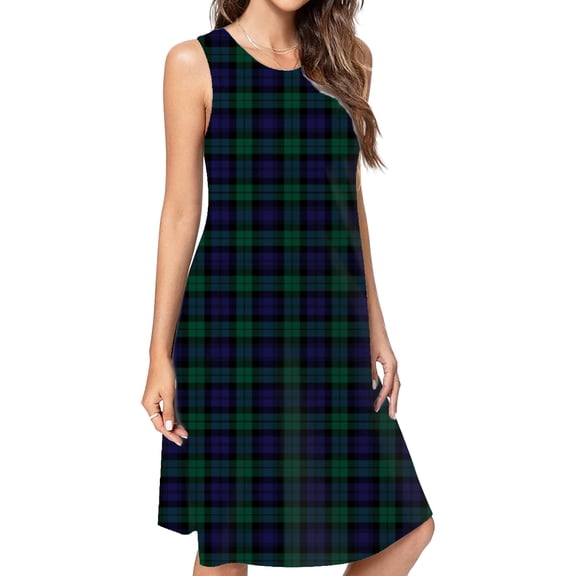 Blackwatch Tartan Modern Cute Blue And Green Plaid Casual Sleeveless Loose Sundress Dress For Women Summer Dress Daily Woman