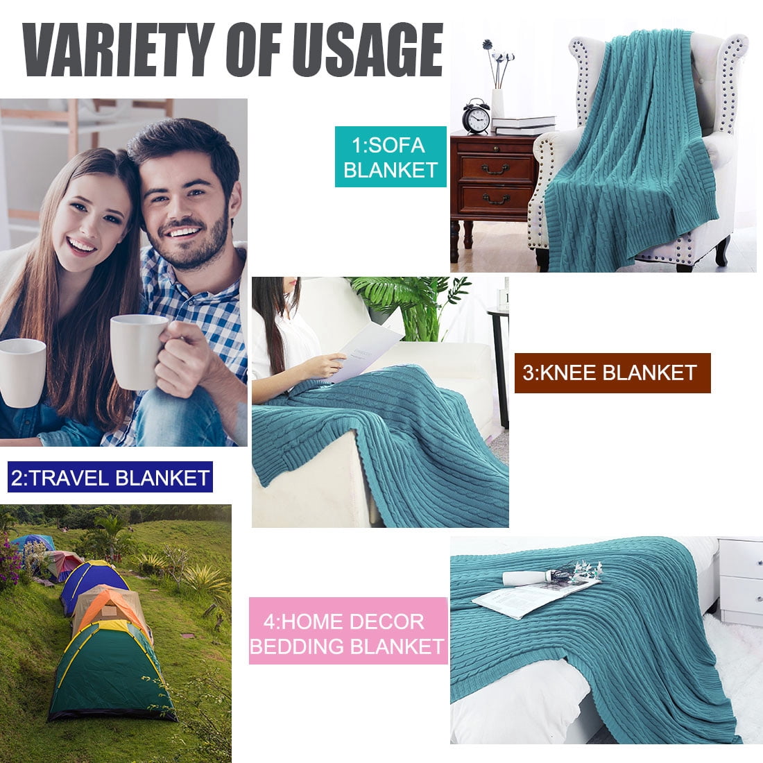 Unique Bargains 100% Cotton Soft Cable Knit Blanket Teal Blue Full(70" x 78")
