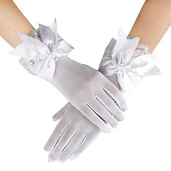 Riforla Short Lace Mesh Gloves with Bow and Chiffon Trim for Wedding Opera Tea Party and Women Formal Events White