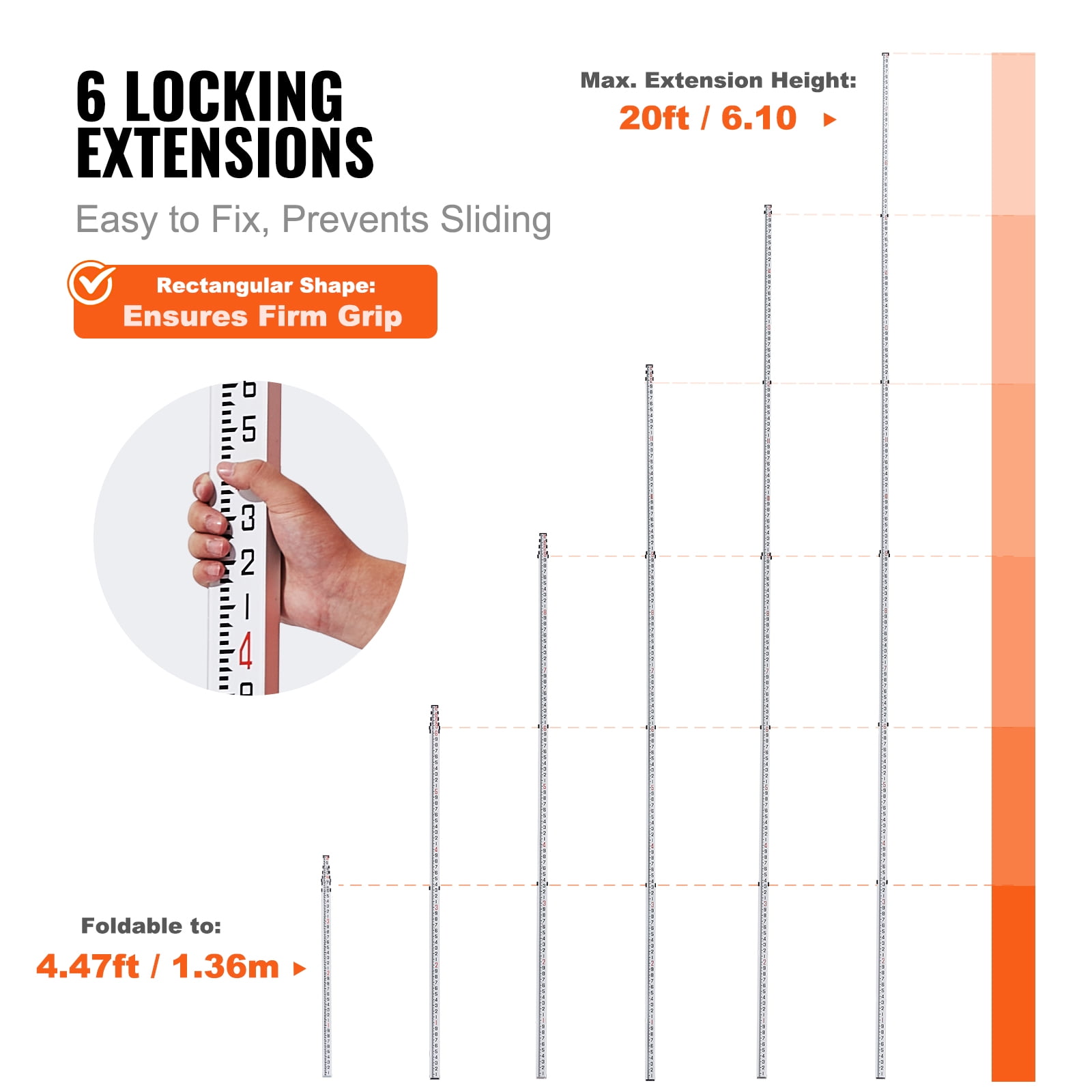 VEVOR Aluminum Grade Rod,20-Feet/10ths 6 Sections Telescopic Measuring Rod,Double-Sided Scale 1/10ft Leveling Rod Stick,Aluminum Alloy Survey Rod w/ Bubble Level &Carrying Bag for Houses,Walls,Floor