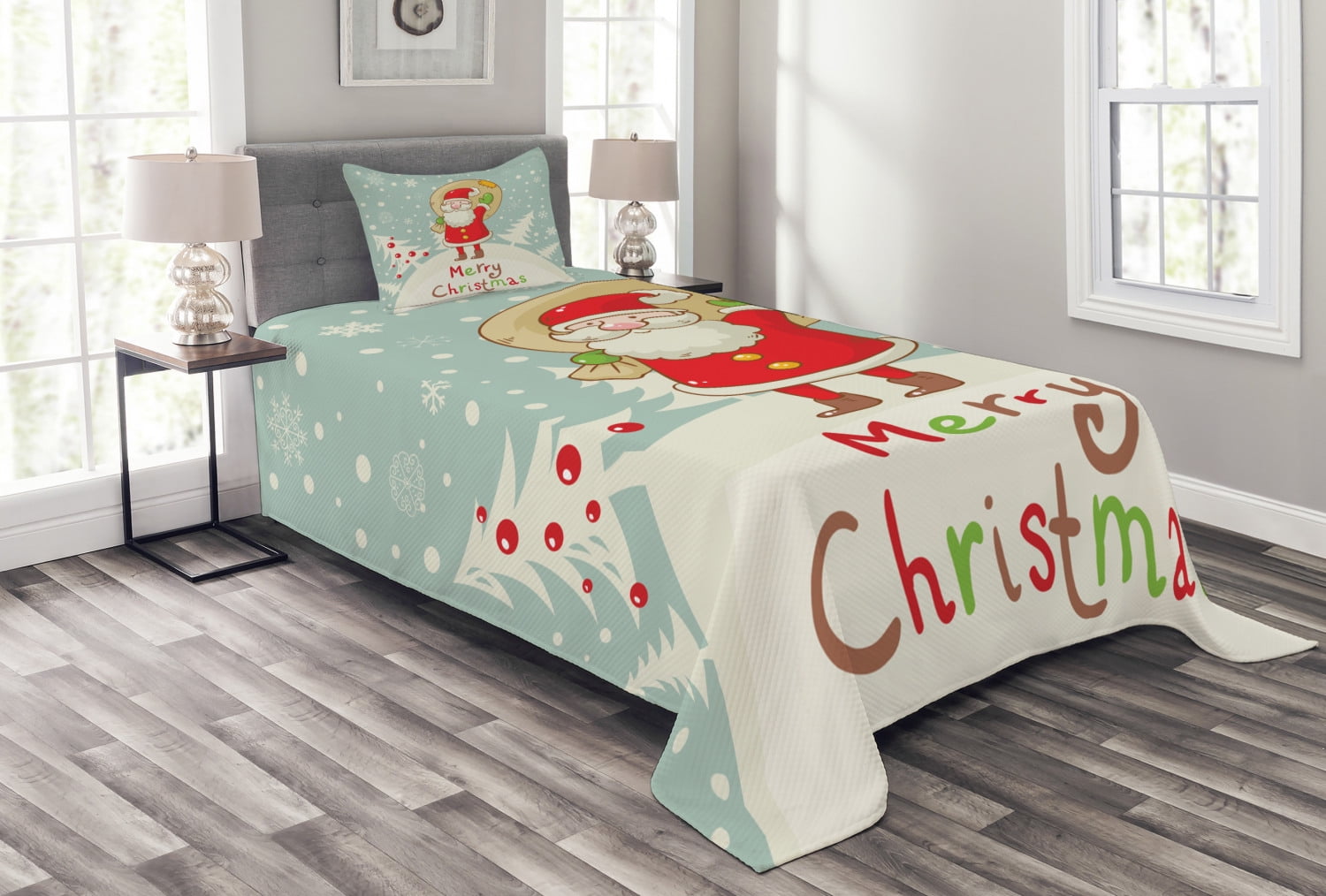 Santa Bedspread Set, Merry Christmas Theme Cute Santa with a Sack of