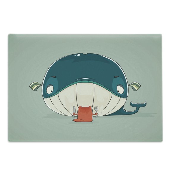 Whale Cutting Board, Greedy Little Cat Sitting down to Dine on a Huge Fish Dinner of Whale Cartoon, Decorative Tempered Glass Cutting and Serving Board, Large Size, Almond Green Teal, by Ambesonne