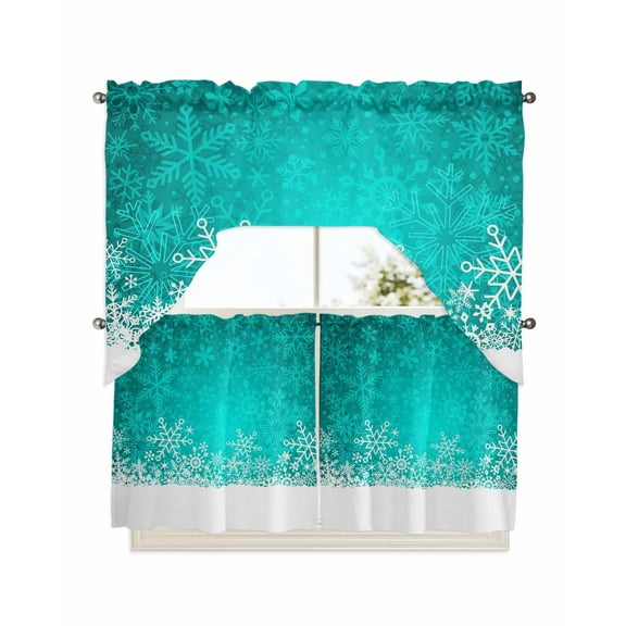 Turquoise Snowflakes Christmas Kitchen Curtains Swag Valance and Tier Curtains Set 24 Inch Length, Winter Holiday Xmas Snowflake Rod Pocket Drape Panels Pair Swag Curtains for Bathroom/Cafe/Window