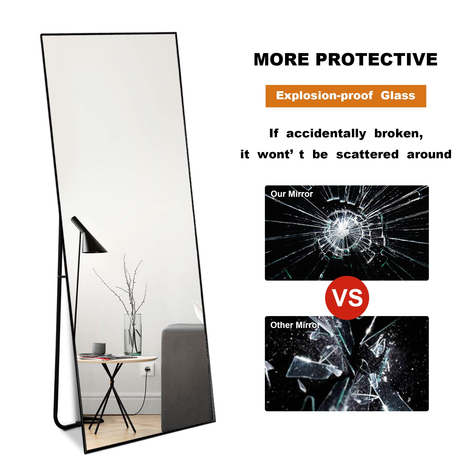 59"x16" Full Length Mirror with Stand Aluminum Alloy Mirror Night Black