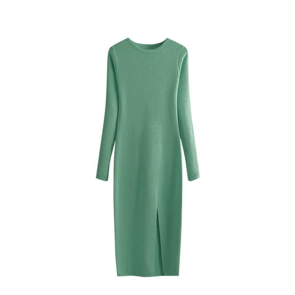 UTSJKR Womens Knit Bodycon Dresses 2024 Fashion Classic Solid Crew Neck Midi Dress Slim Fit Flowy Soft Hip Wrap Pullover Jumper Dress Long Sleeve Dress Army Green Free Size
