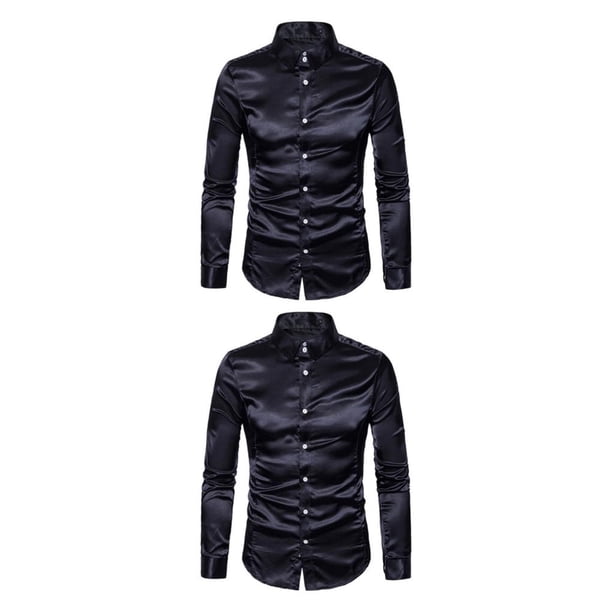 Minnieouse Camisa transpirable para hombre Satén con mangas largas - Trabajo Boda o hogar Camisa para hombre Formal Manga larga Grande negro SG 2piezas