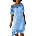 thumbnail image 2 of Ruyang Dresses for Women UK Women's Lace Dress Midi Dress White Short Sleeve Pure Color Lace Summer Sundress Off Shoulder Loose Fit Dress, 2 of 6