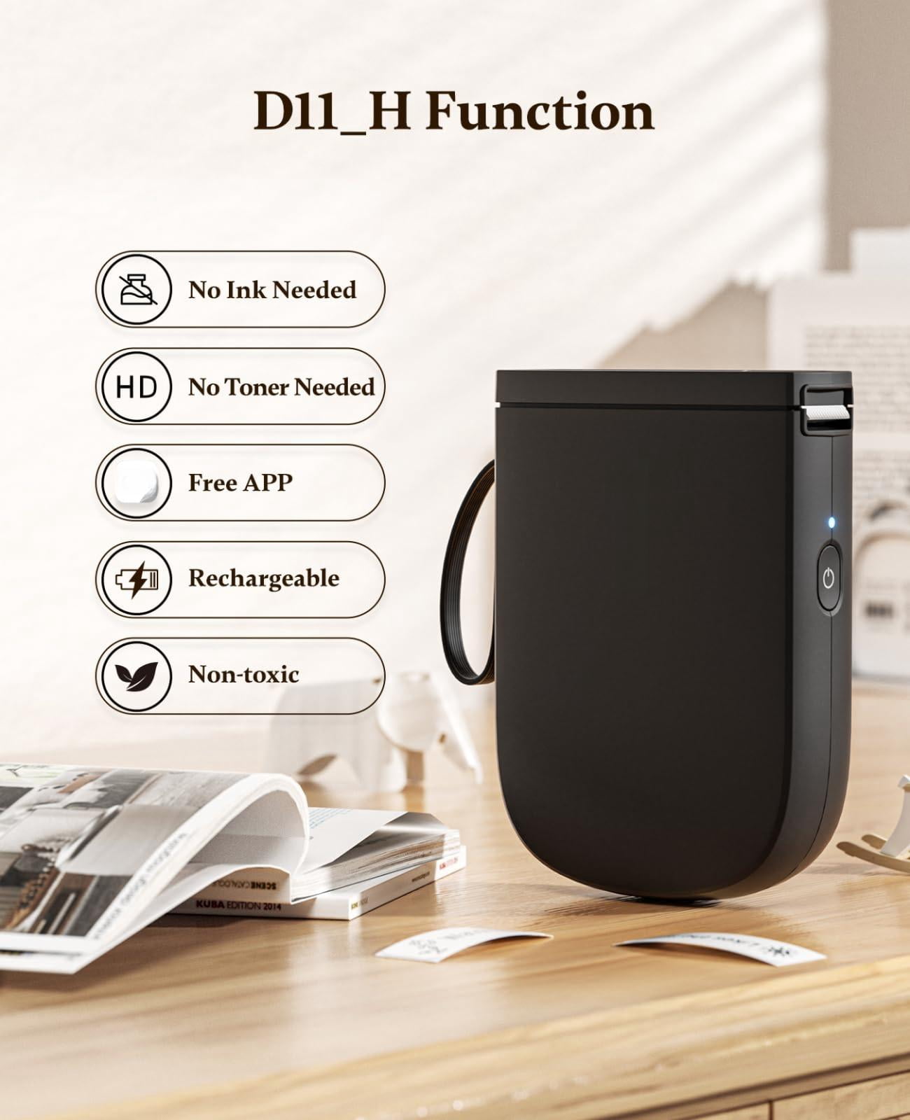 300 Dpi D11 Label Maker Machine With 1 Tape  Mini Portable Printer Thermal Sticker Labeler For Office Home Kitchen School Organization Black