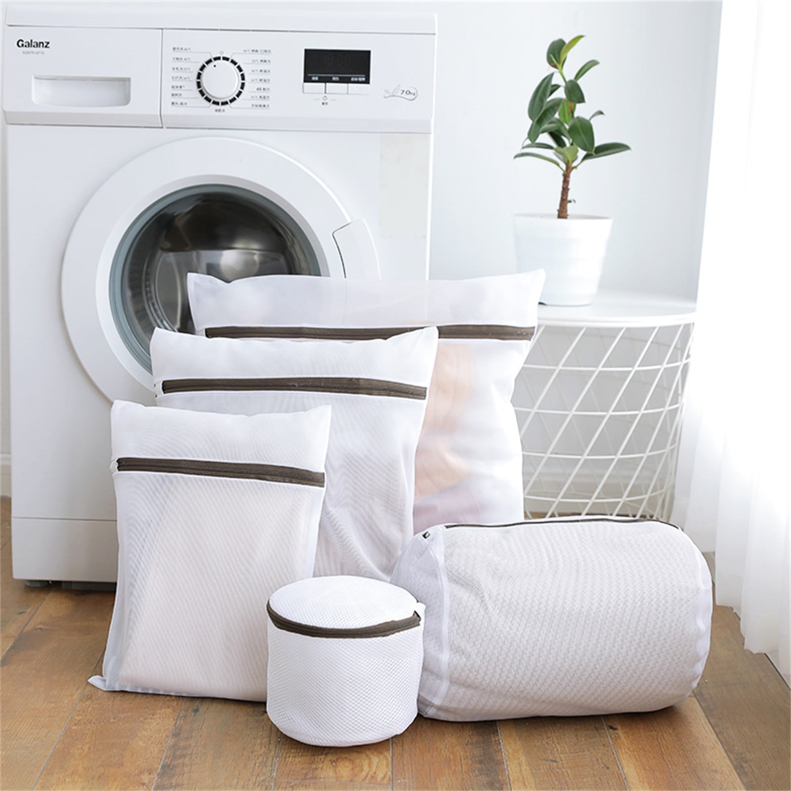 Set of 5 Washing Laundry Quality Mesh Bags White Zipper 1xL 2xM 2xS 