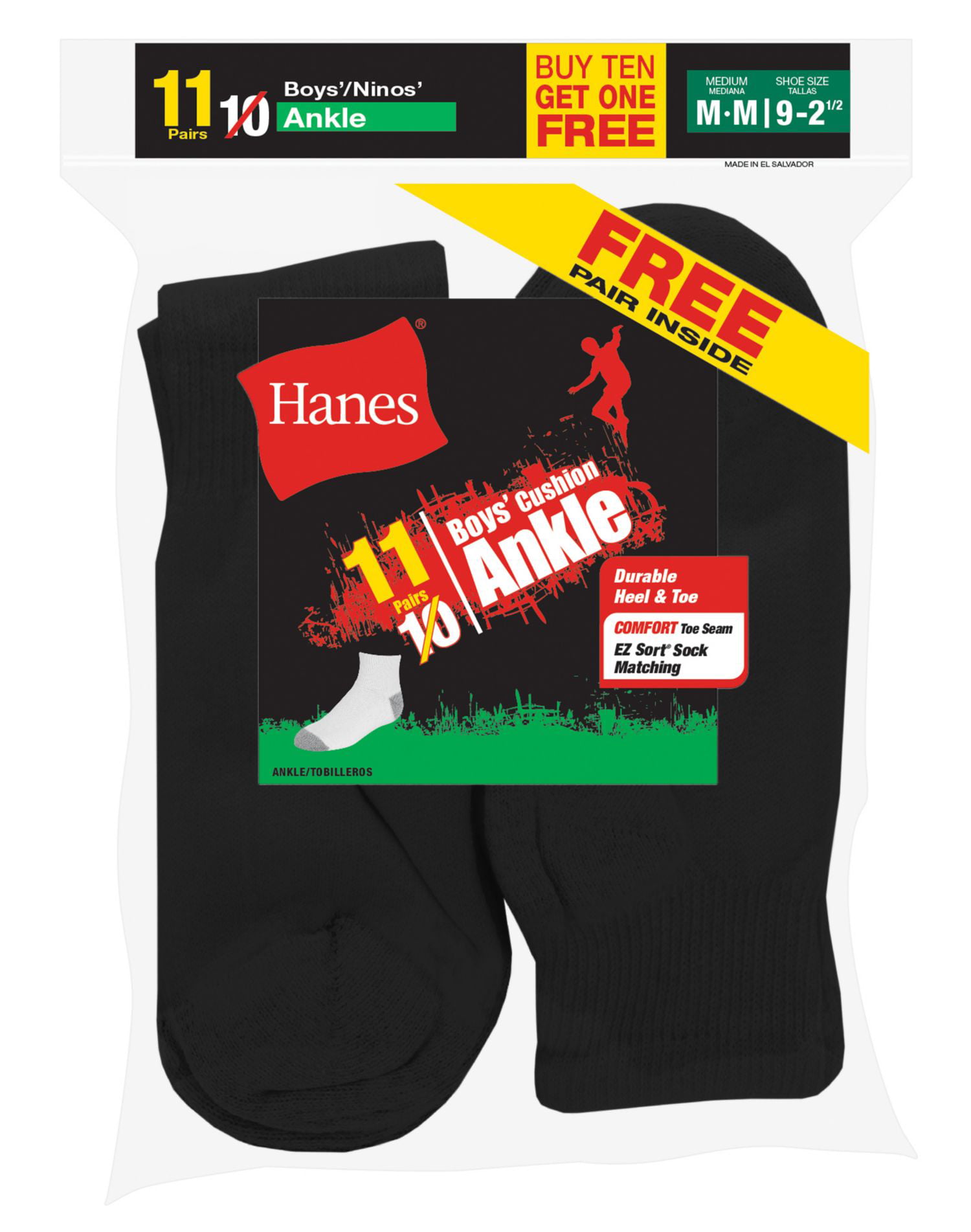 Hanes Boys Crew Socks 10-Pack EZ Sort Reinforced Reciprocated Heel Toe sz S-L 