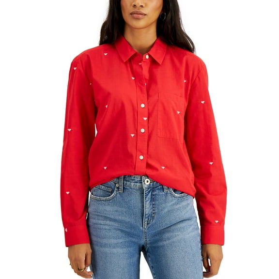 Style & Co Cotton Embroidered Boyfriend Shirt Gumball Red M