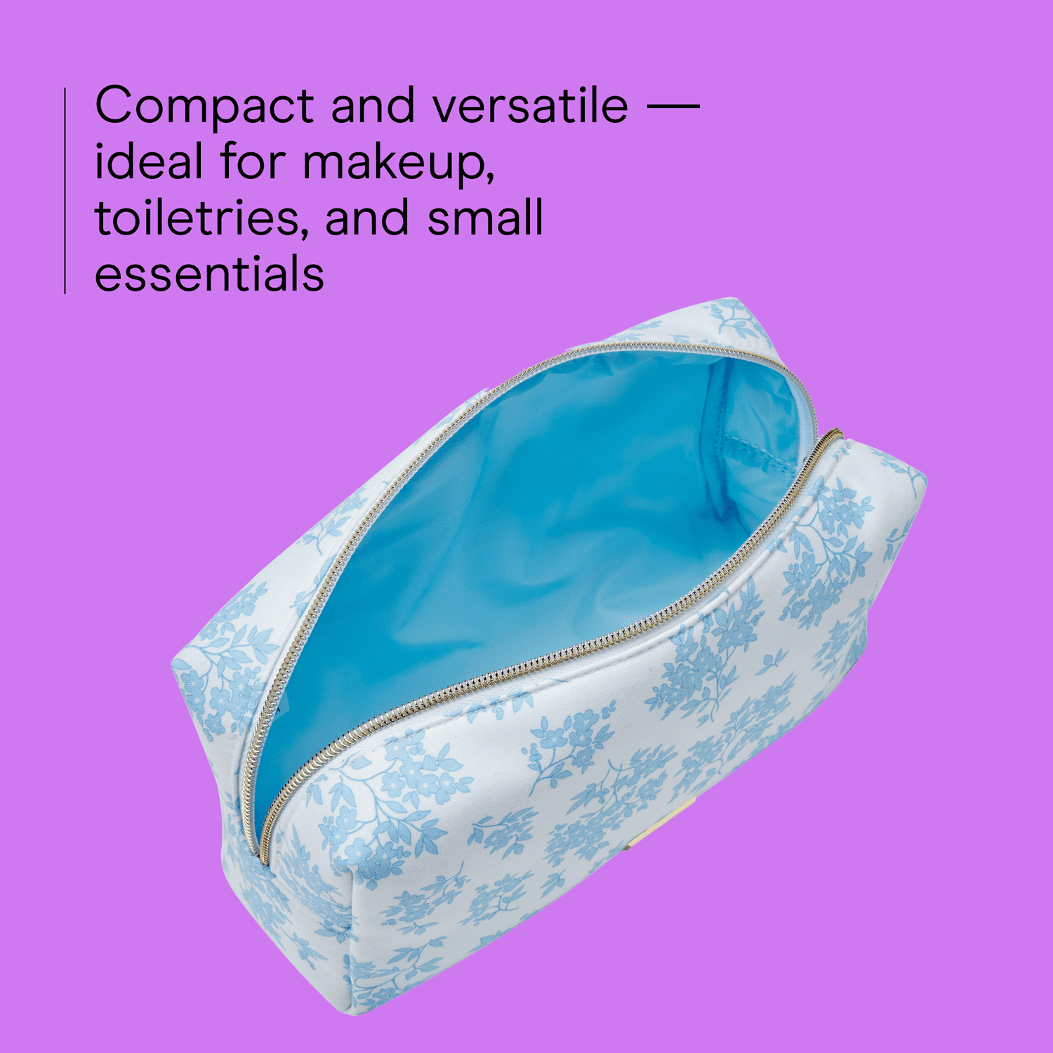 Conair Blue Floral Loaf Organizer, Travel-Ready Beauty Bag with Gold-Tone Hardware