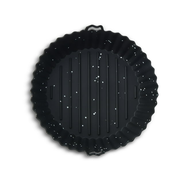 6.3-inch black round silicone air fryer liner with raised ridges and white speckles for non-stick cooking
