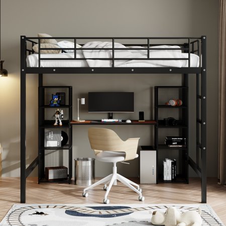 JFC Full Size Metal Loft Bed High Study Loft Bed Dorm Bed Frame w/Desk and Bookcase Shelves for Writing Homework
