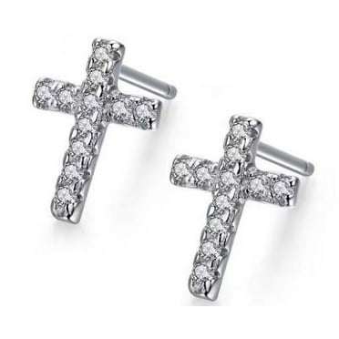 PJ Jewelry Cross White Cubic Zirconia Stud Earrings, 4 ct, 24k White Gold Plated Sterling Silver