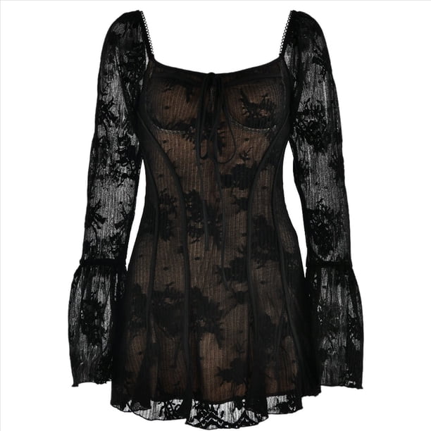 Vestido Mini de Mujer 2025 con Escote Cuadrado y Larga, Corte A, Corto. Negro M