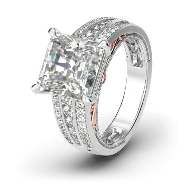 HeartsAndYou 4.5ct Princess Cut Moissanite Filigree Solitaire Engagement Ring for Women 18k Dual Gold over Silver