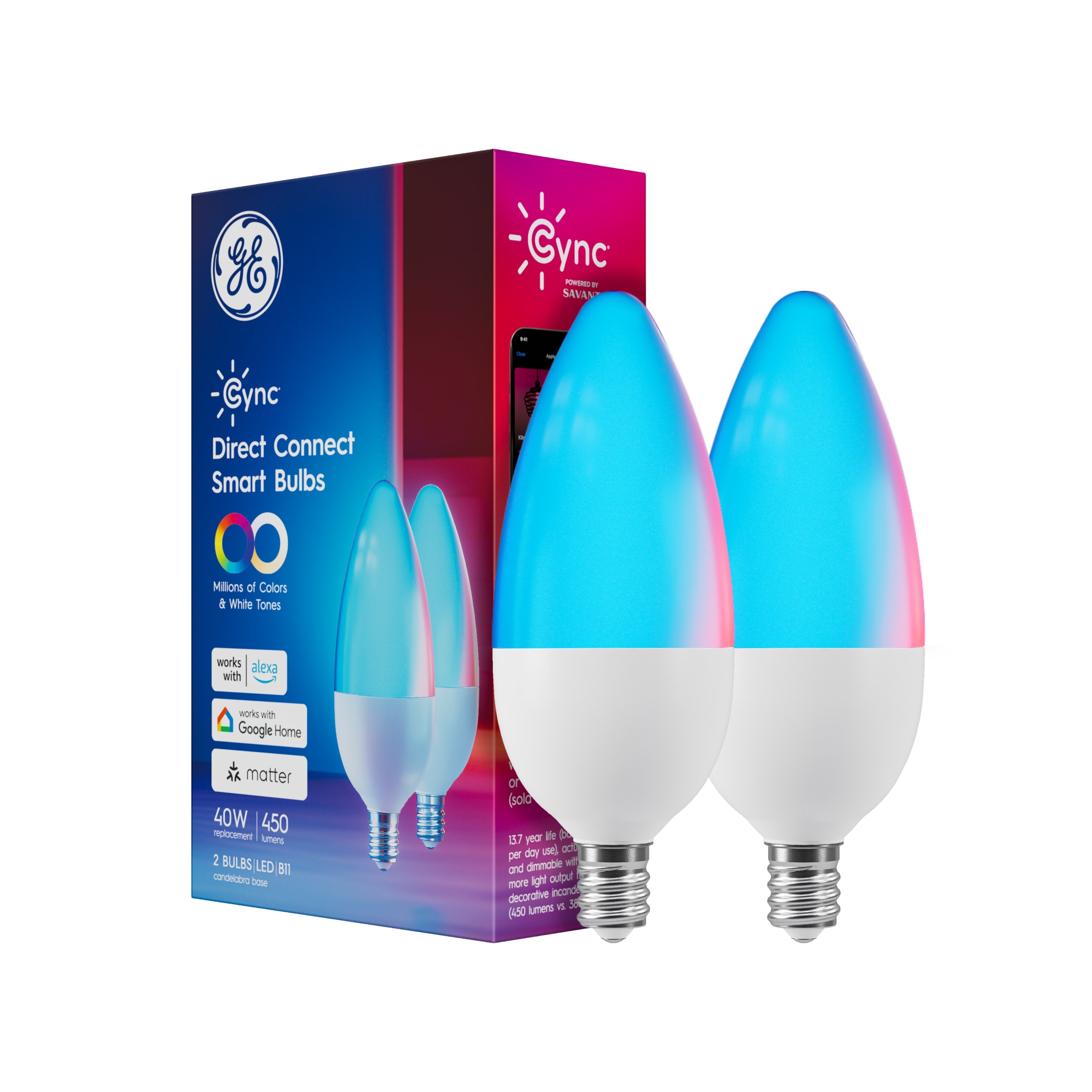 GE Cync Smart LED Light Bulbs, B11 Decorative Color Changing Lights, E12 Small Base, 2pk