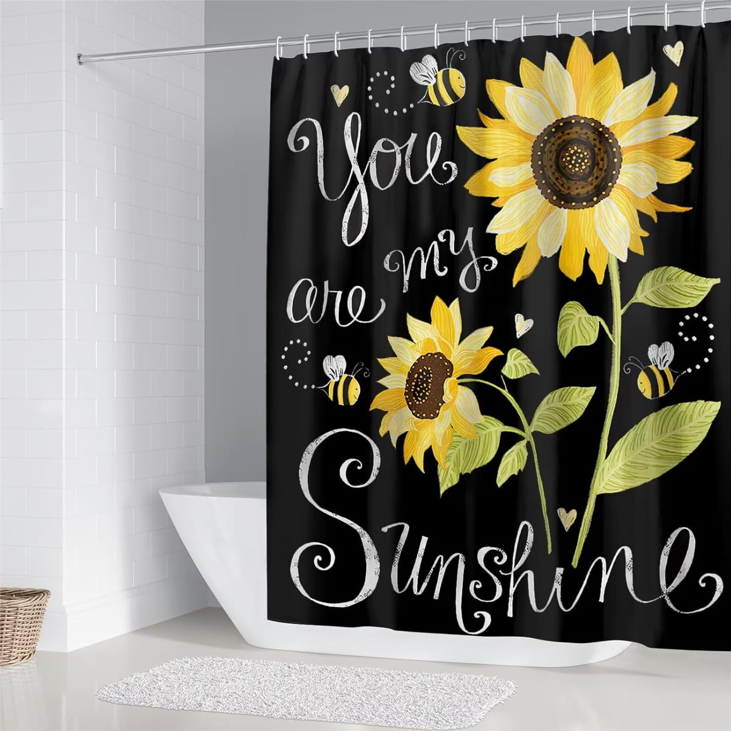 Sunflower Bathroom Sets Decor with Rugs You are My Sunshine Shower Curtain Sets Accessories 4 Piece with Shower Curtain Non-Slip Rug Toilet Lid Cover and Bath Mat and 12 Hooks