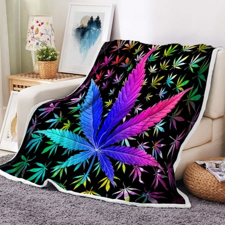 Cool Trippy Weed Throw Blanket, Neon Tie Dye Marijuana Leaf Cannabis Art Fleece Blanket, Colourful Soft Flannel Throw Blanket for Chair Bed Sofa Couch, 50X60IN