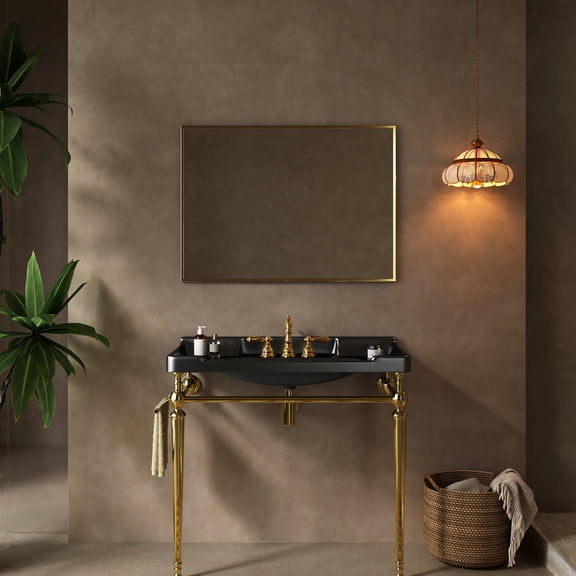 36" Black Ceramic Vanity Sink with Three Holes and Gold Trim / Strong Structure, Stable and Durable