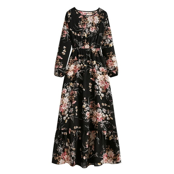 Hvot&aat Women's Bohemian Elegant Dress Round-Neck Long Sleeve Floral Dress High Waist Flowy Beach Dress