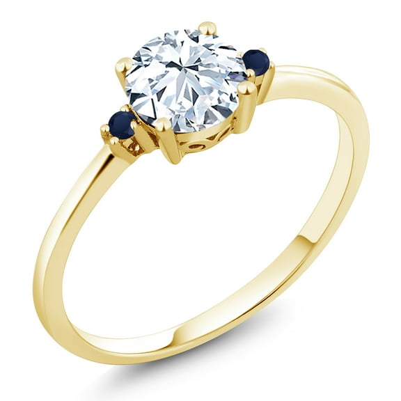 Gem Stone King 10K Yellow Gold White Created Sapphire and Blue Sapphire Solitaire Engagement Ring for Women (1.03 Cttw, Round 6MM, Gemstone September Birthstone, Size 6)